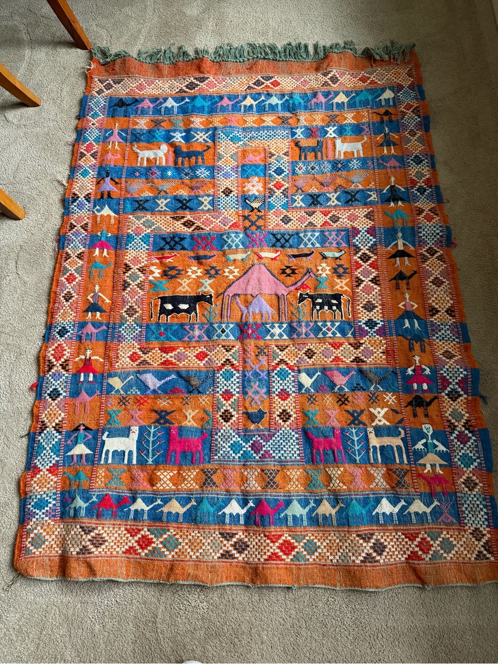Handwoven Boho Orange and Blue Decorative Vintage wallThrow Rug